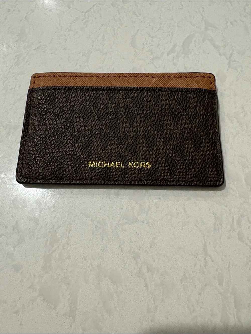 Michael Kors Dark Brown and Tan Leather Card Sleeve with Gold Logo